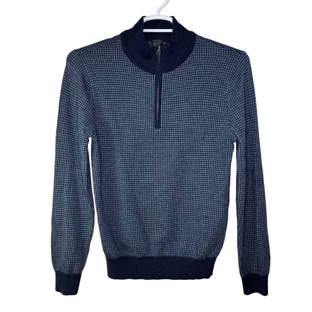 Saks Fifth Avenue BLACK Sweater Mens‎ Medium Navy Blue Wool Houndstooth 1/4 Zip